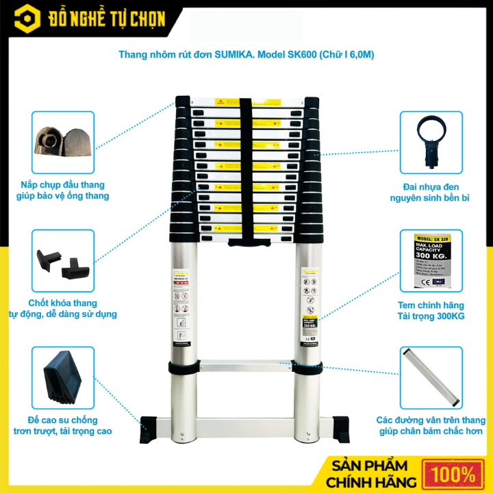 Thang Nhôm Rút Đơn 6m Sumika SK600 Siêu Cao, Chịu Tải 300kg | Hàng Chính Hãng, Có VAT