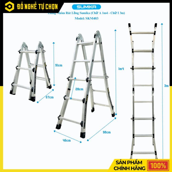 Thang Nhôm Trượt Chữ A Sumika SKM403 – Nhỏ Gọn, Linh Hoạt, An Toàn Tuyệt Đối - Hàng Chính Hãng, Có VAT