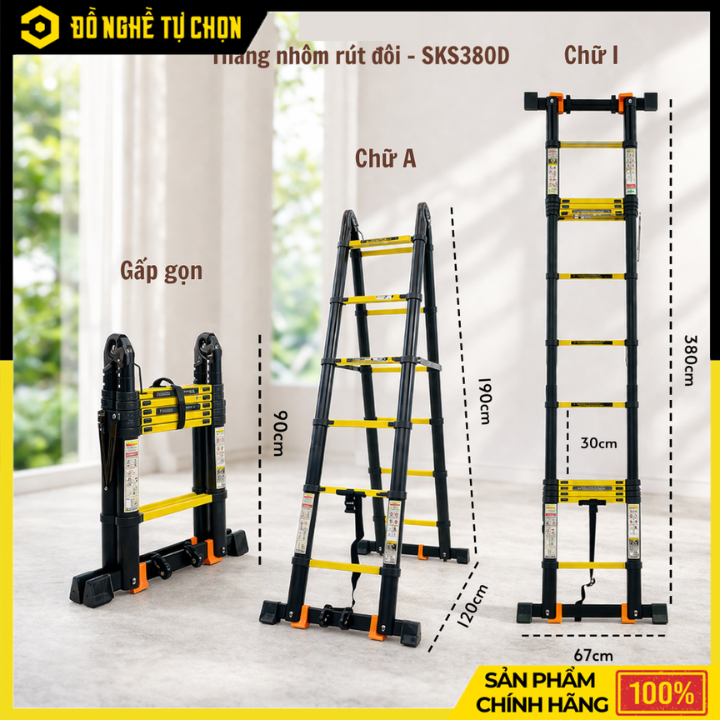 Thang Nhôm Rút Đôi Sumika SKS380D Sơn Tĩnh Điện 1m9 – Gọn Gàng, Linh Hoạt, An Toàn Khi Làm Việc | Hàng Chính Hãng, Có VAT