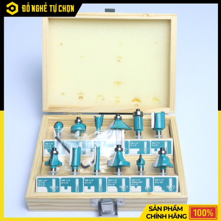 Bộ 12 Mũi Phay Gỗ Total TACSR0104121 Chuôi 1/4 Inch (6.35mm), Đa Dạng Biên Dạng Cắt, Chuyên Dụng Cho Thợ Mộc | Hàng Chính Hãng, Có VAT