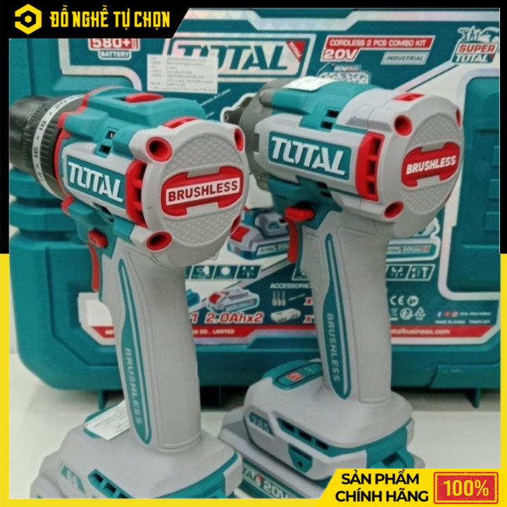 Bộ Combo Máy Khoan Búa & Máy Siết Vít Không Chổi Than Dùng Pin 20V Total TCKLI20277 – TIDLI206681 + TIRLI20281 – 2 Pin 2Ah & Sạc Nhanh – Hàng Chính Hãng Có VAT