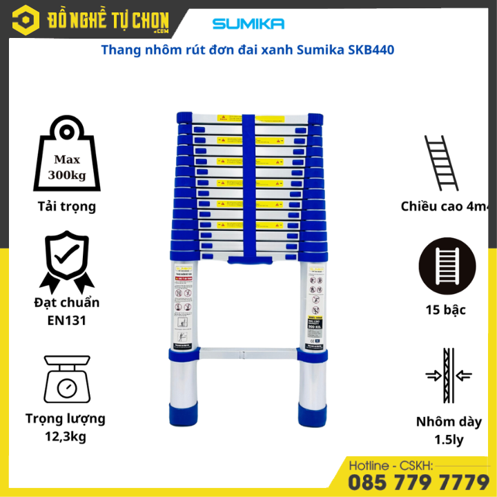 Thang Đơn Rút Nhôm Sumika SKB440 – Đai Xanh, Chiều Cao 4.4m | Gọn Nhẹ, Bền Chắc, Chuẩn An Toàn Châu Âu | Hàng Chính Hãng, có VAT
