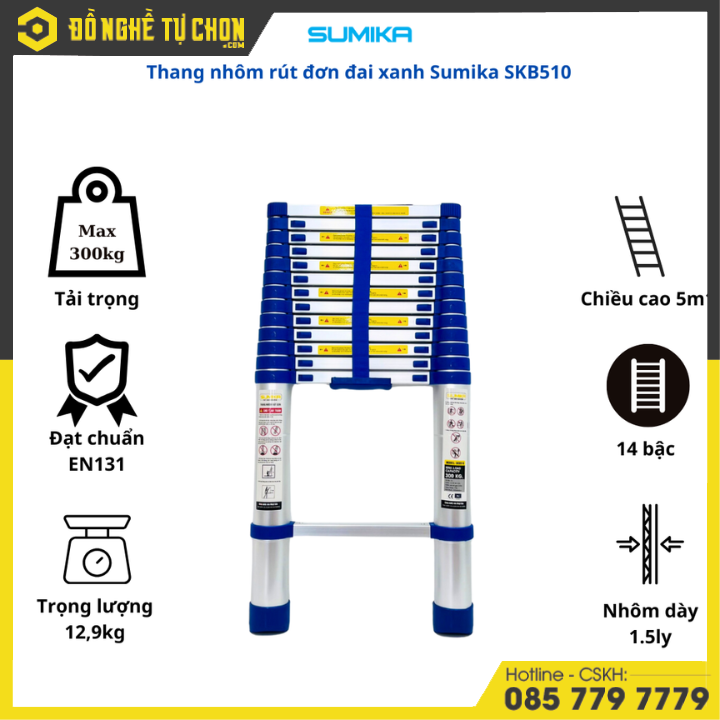 Thang nhôm rút Sumika SKB510, đai xanh, chiều cao 5.1m