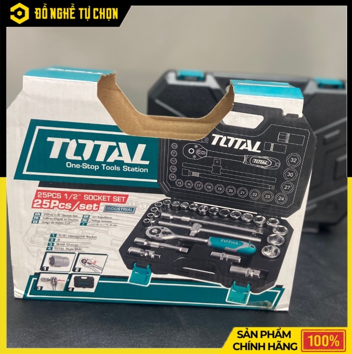 Bộ Tuýp 25 Chi Tiết Total THT121251 1/2 Inch Thép Cr-V Cao Cấp, Đầy Đủ Phụ Kiện Cho Thợ Chuyên Nghiệp | Hàng Chính Hãng, Có VAT