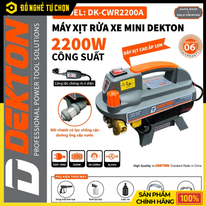 Máy Rửa Xe Dekton DK-CWR2200A – 2200W – Điều Chỉnh Áp Lực – Motor Từ Lõi Đồng – Chính Hãng Có VAT