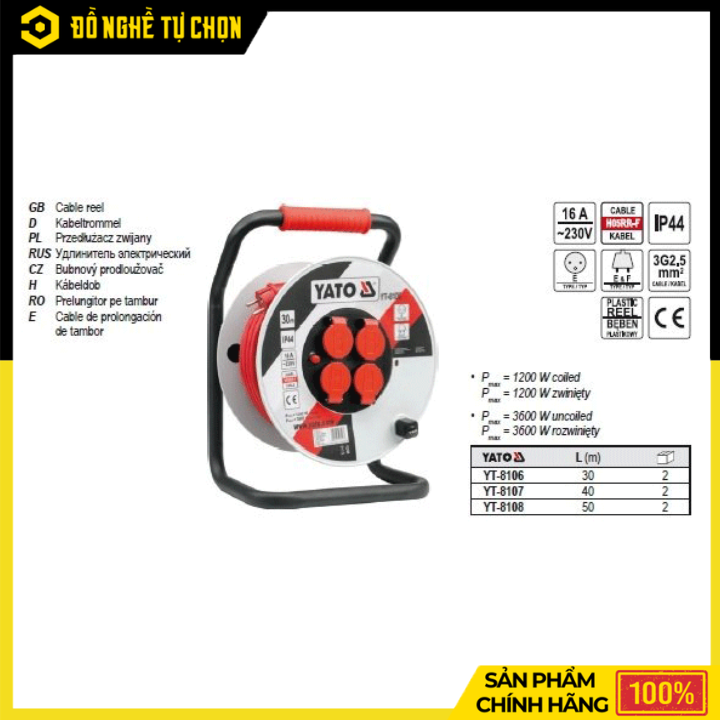 Ổ Cắm Quay Tay Kiểu Rulo Yato YT-8108 Dây 50m Công Suất 16A, Chống Quá Tải, Chuẩn IP44 | Hàng Chính Hãng, Có VAT
