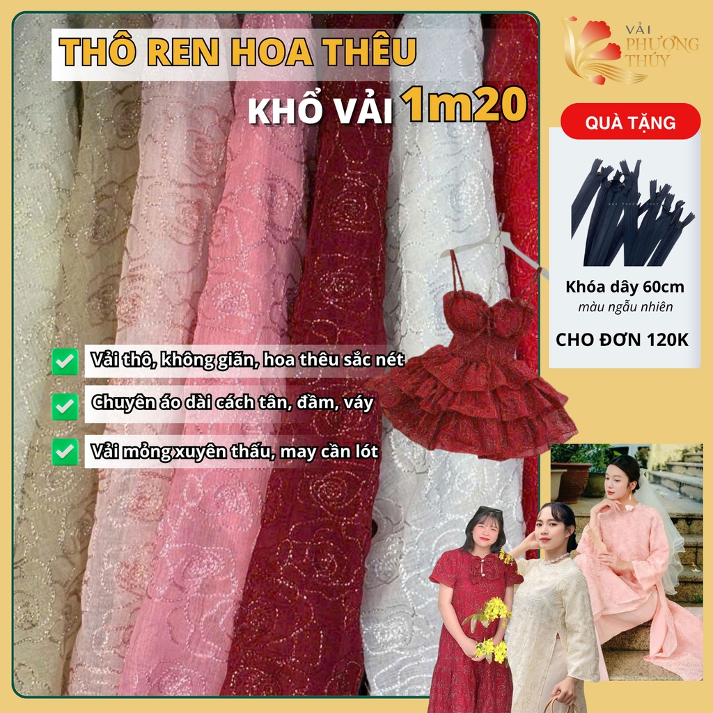 Vải thô ren thêu hoa hồng ánh kim Phượng Thúy khổ 1m20