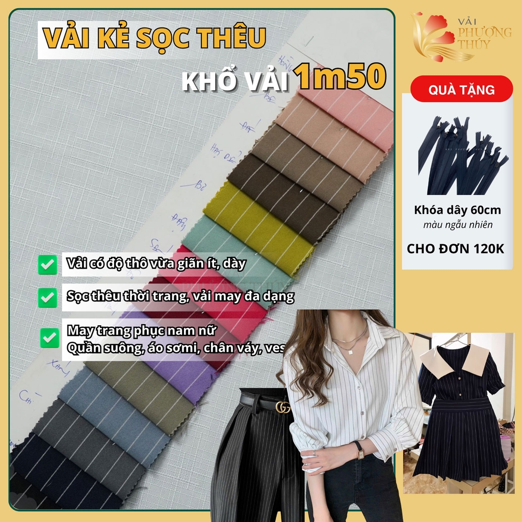 Vải kẻ sọc thêu Phượng Thúy khổ 1m50
