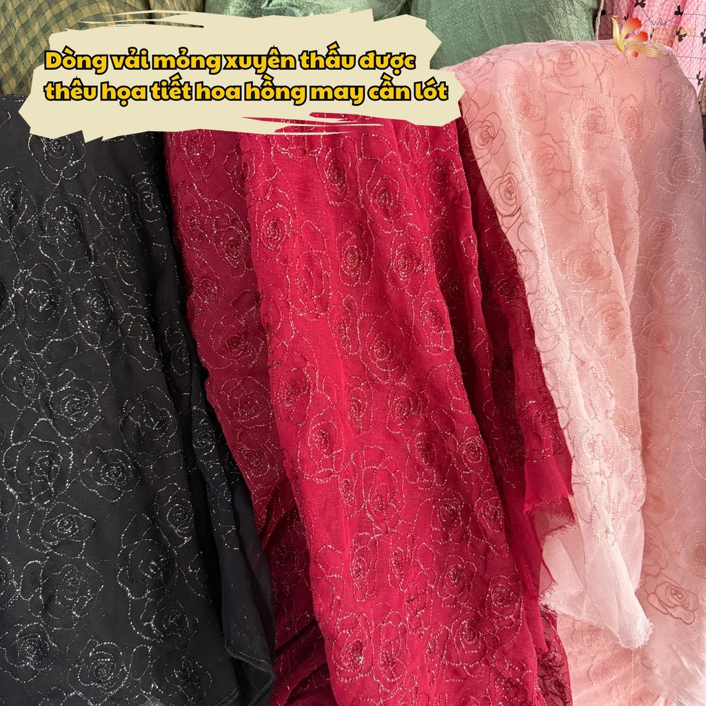 Vải thô ren thêu hoa hồng ánh kim Phượng Thúy khổ 1m20