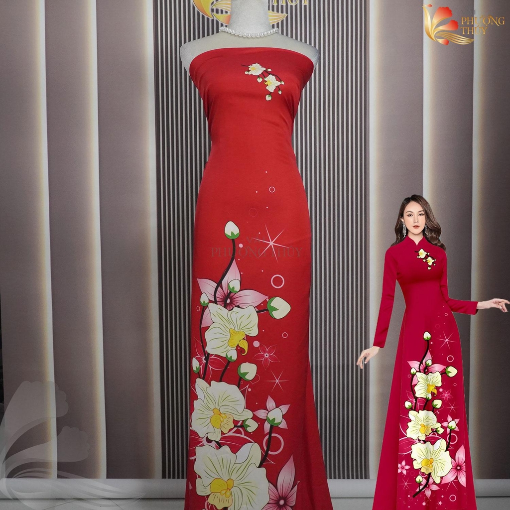 Vải áo dài in Phượng Thúy - lụa bảo anh hoa nhí, bông tà khổ 1m50