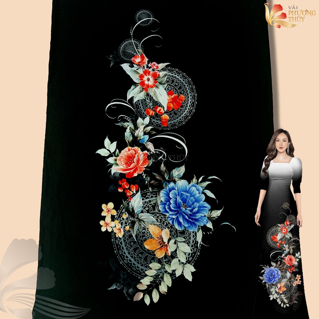 Vải áo dài in Phượng Thúy - lụa bảo anh hoa nhí, bông tà khổ 1m50