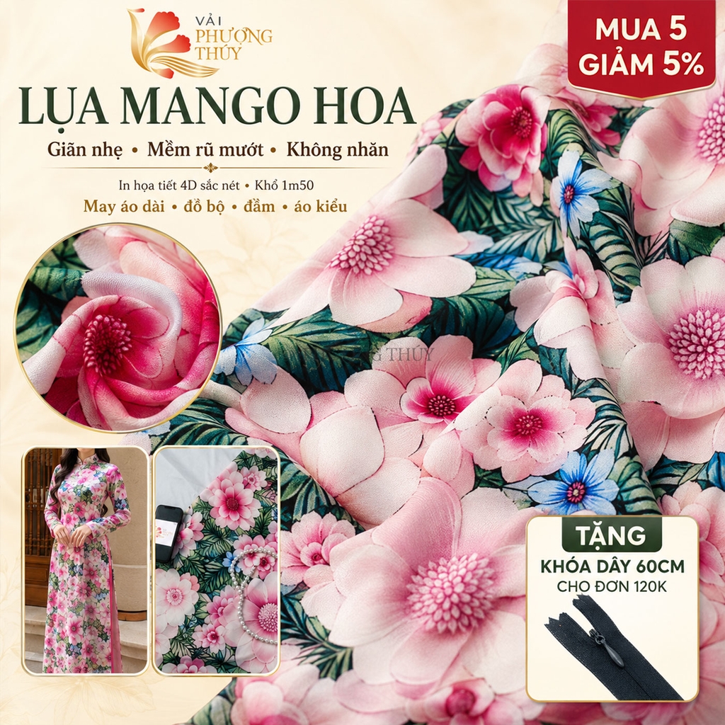 Vải lụa Mango Phượng Thúy khổ 1m50 | Vải may đồ bộ, đầm váy