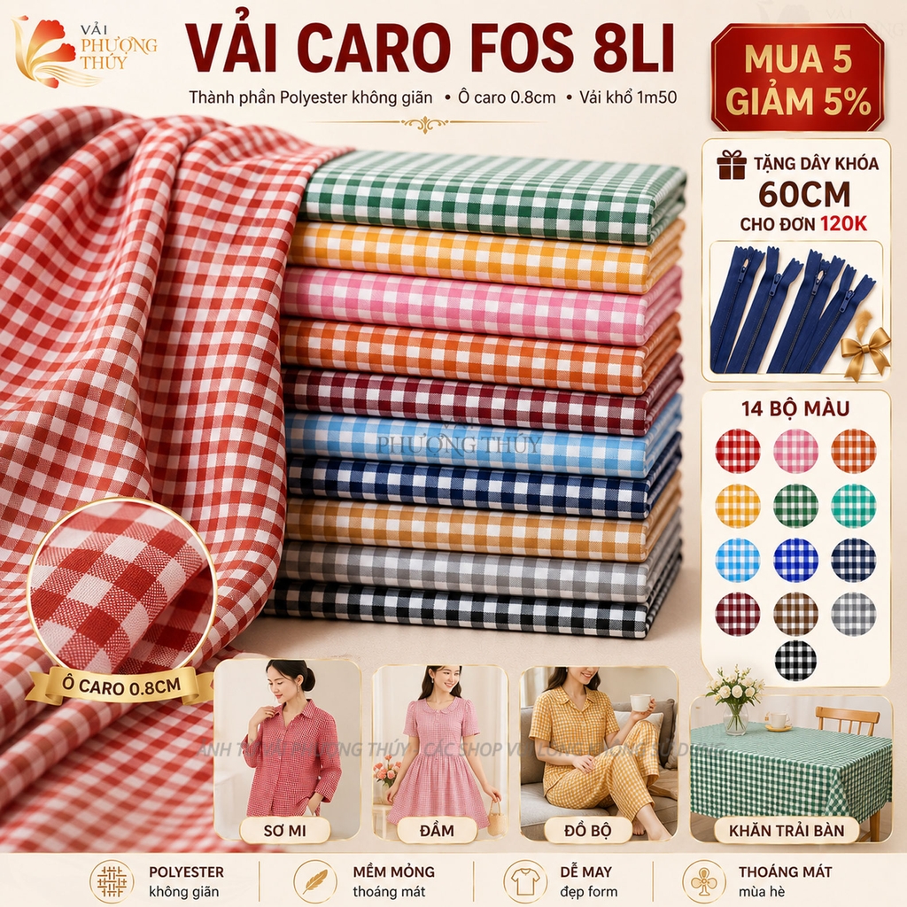 Vải kate fos caro 8 li Phượng Thúy khổ 1m50