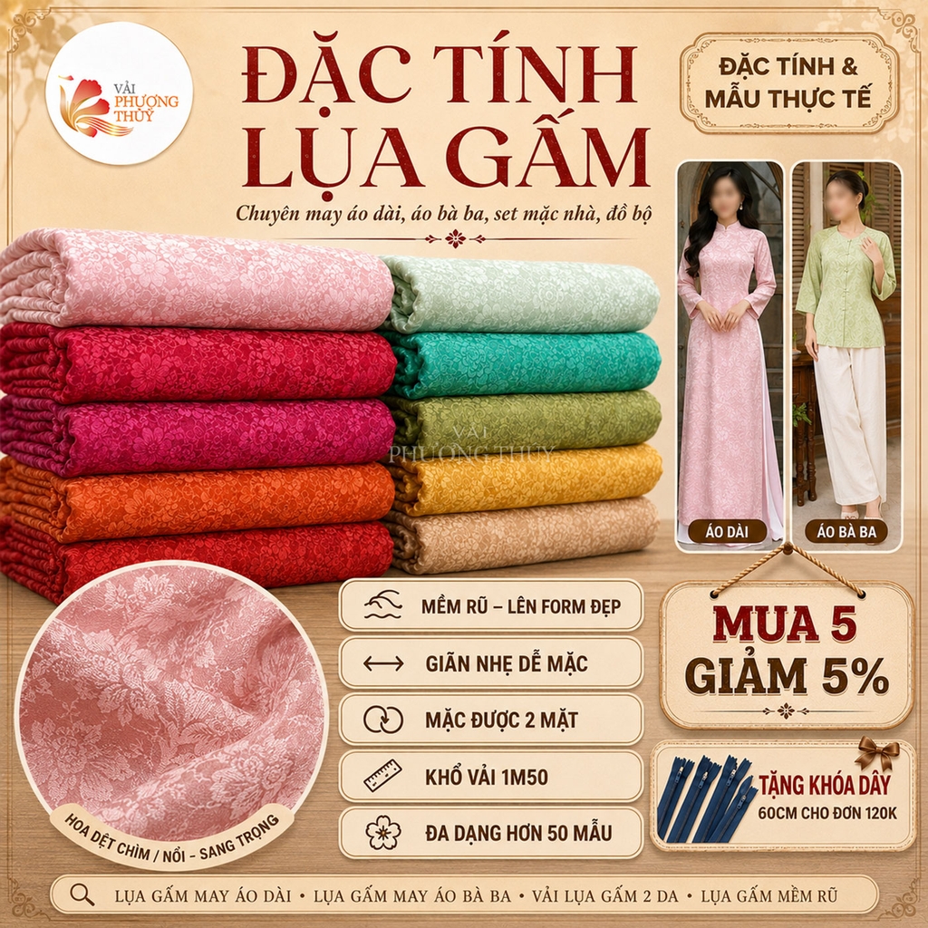 [MÀU 2] Vải lụa gấm Phượng Thúy khổ 1m50 - may áo dài đồ bộ bà ba