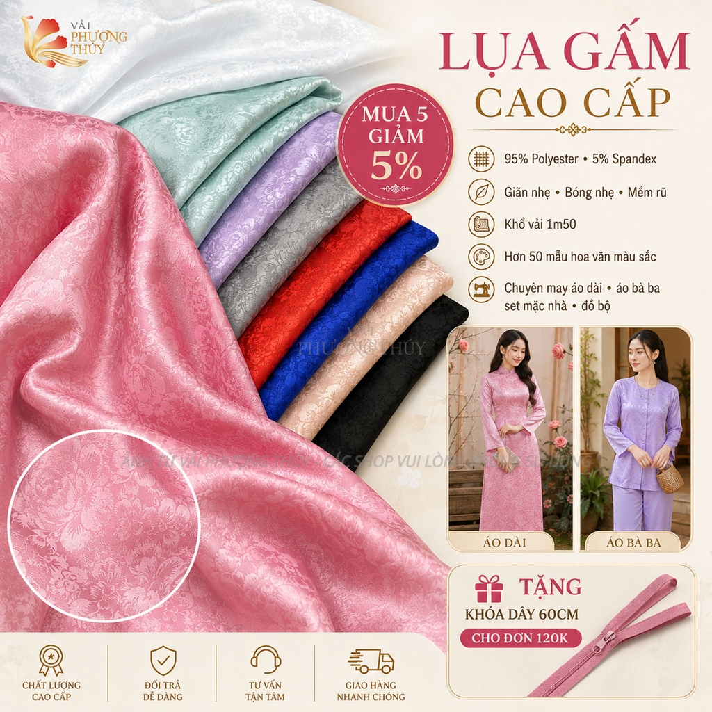 Vải lụa gấm 2 da Phượng Thúy khổ 1m50