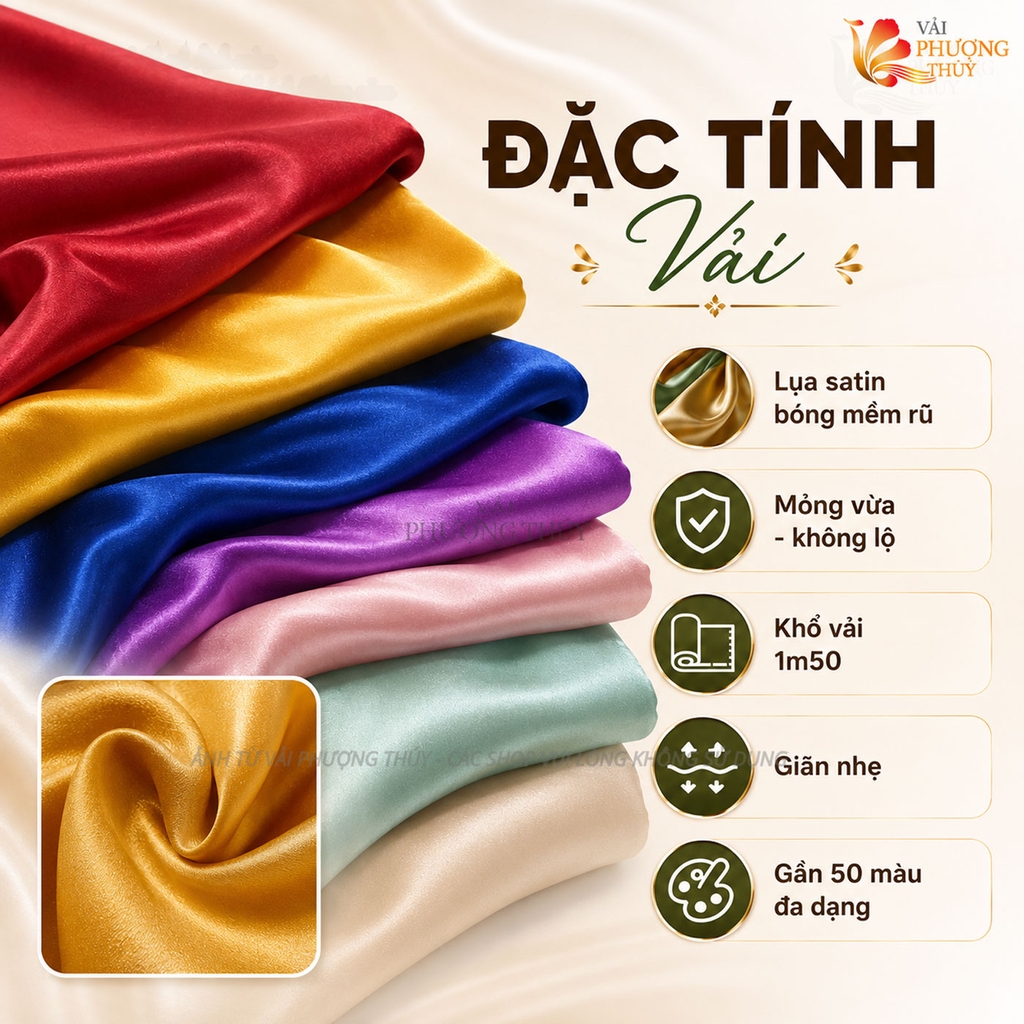 Vải lụa Satin trơn Phượng Thúy khổ 1m50