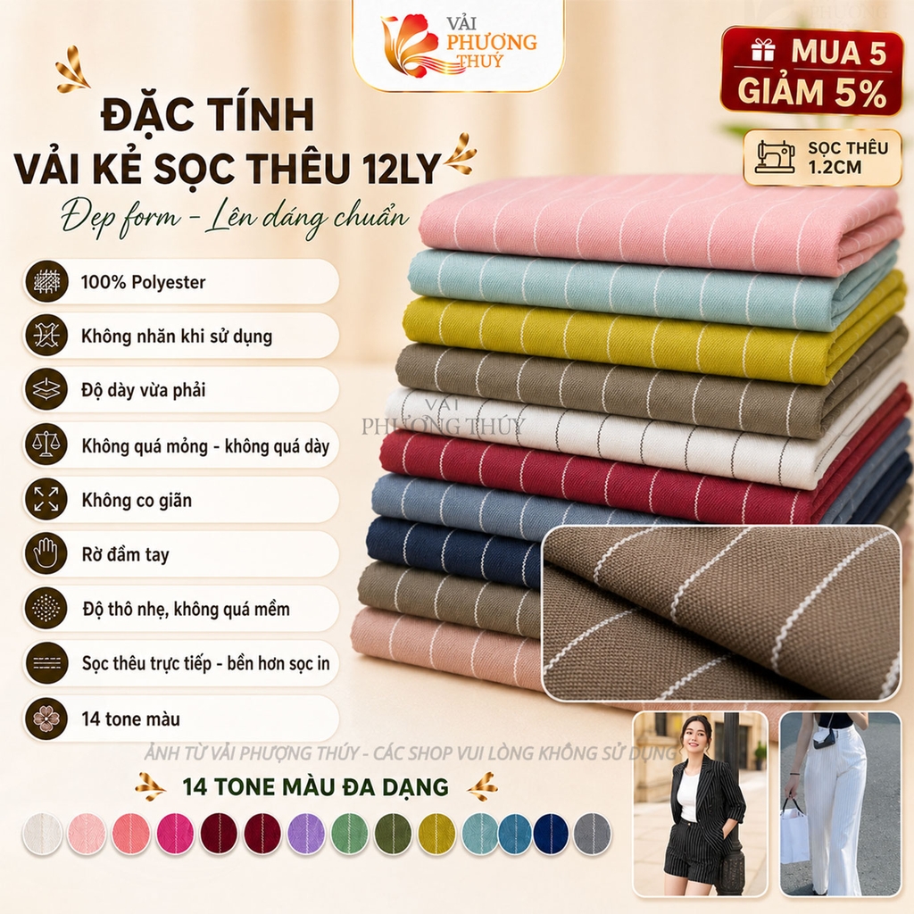 Vải kẻ sọc thêu Phượng Thúy khổ 1m50