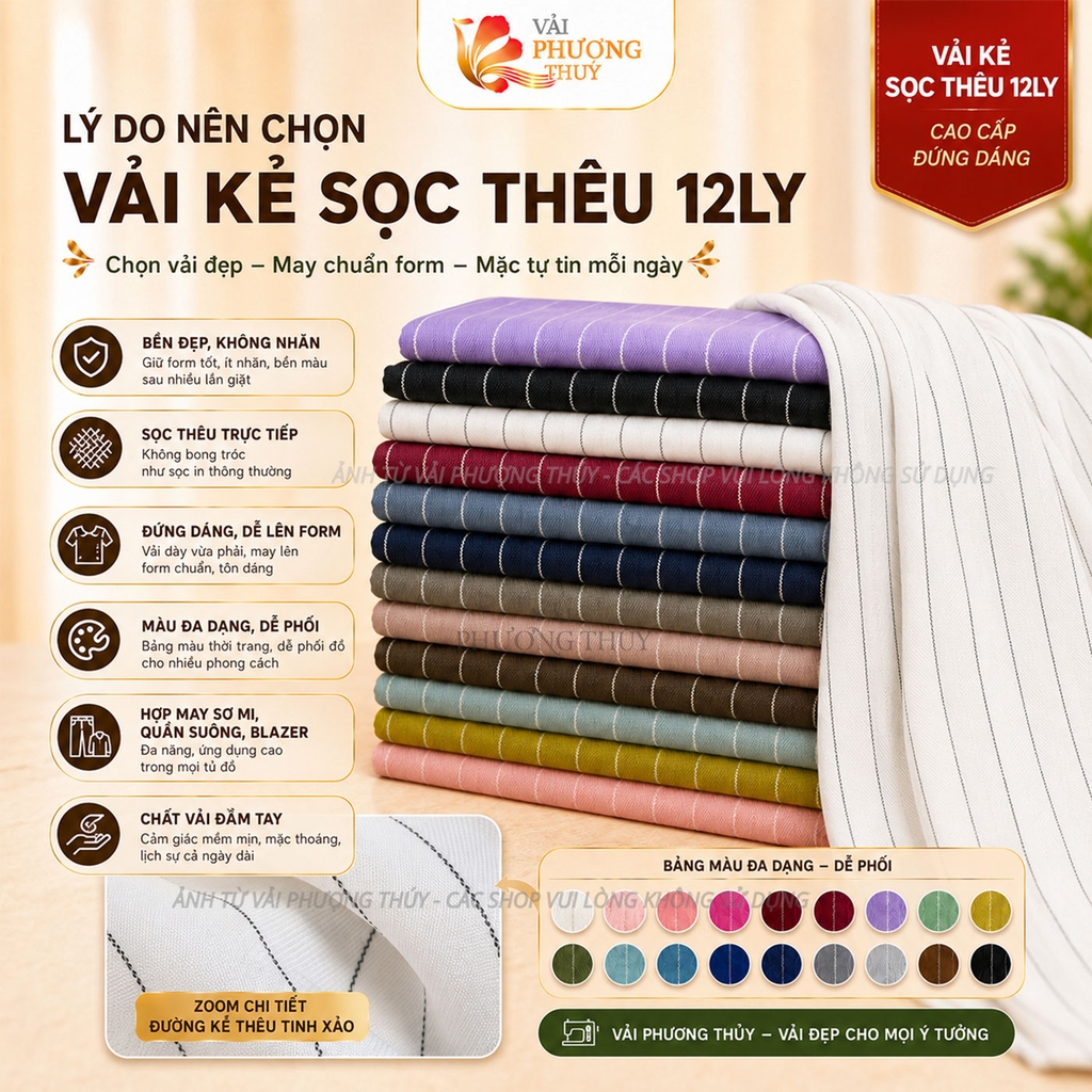 Vải kẻ sọc thêu Phượng Thúy khổ 1m50