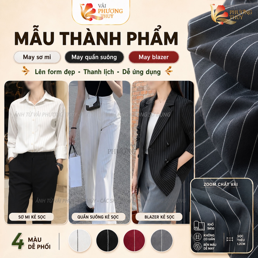 Vải kẻ sọc thêu Phượng Thúy khổ 1m50