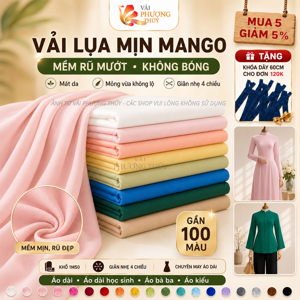 Vải lụa mịn Bảo Anh Phượng Thúy khổ 1m50 | Vải may áo dài