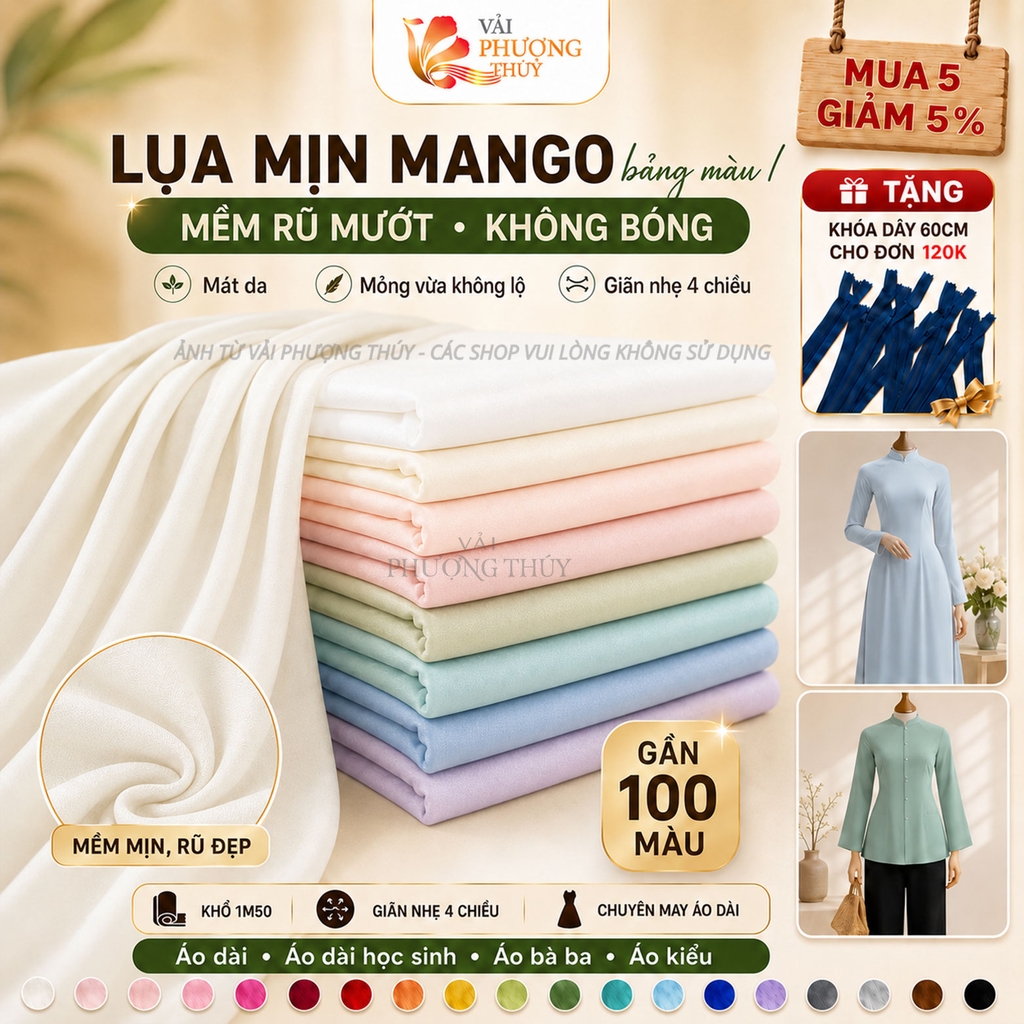 Vải lụa mịn Bảo Anh Phượng Thúy khổ 1m50 | Vải may áo dài