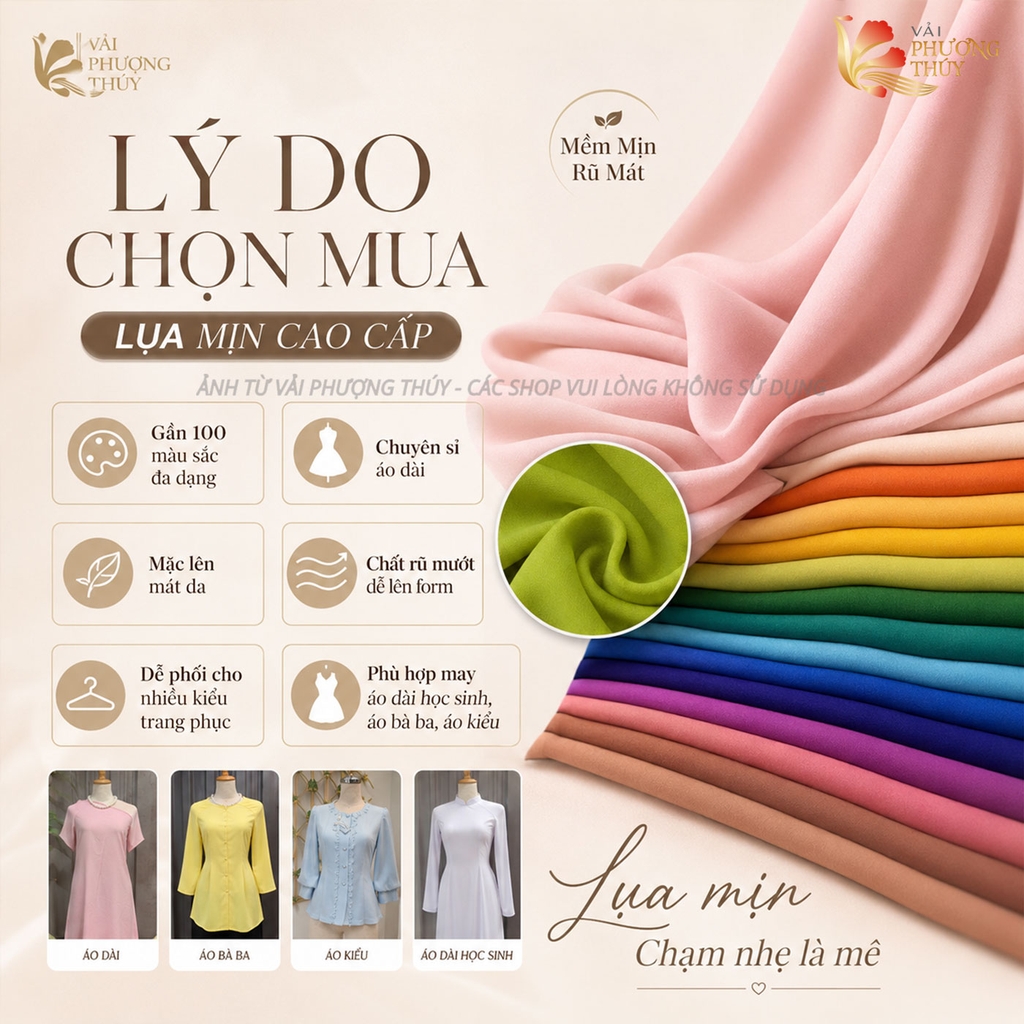 Vải lụa mịn Bảo Anh Phượng Thúy khổ 1m50 | Vải may áo dài