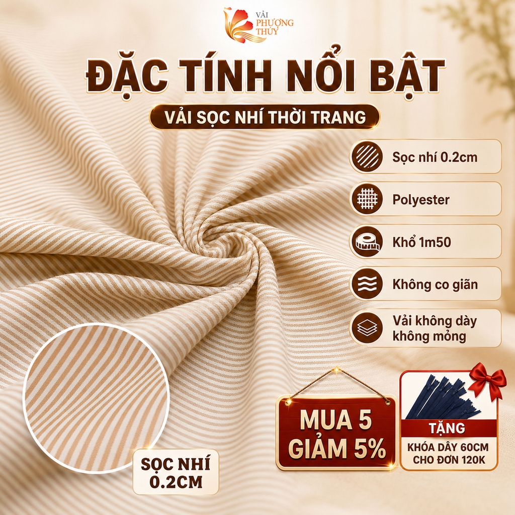 Vải kate sọc ngang Phượng Thuý khổ 1m50