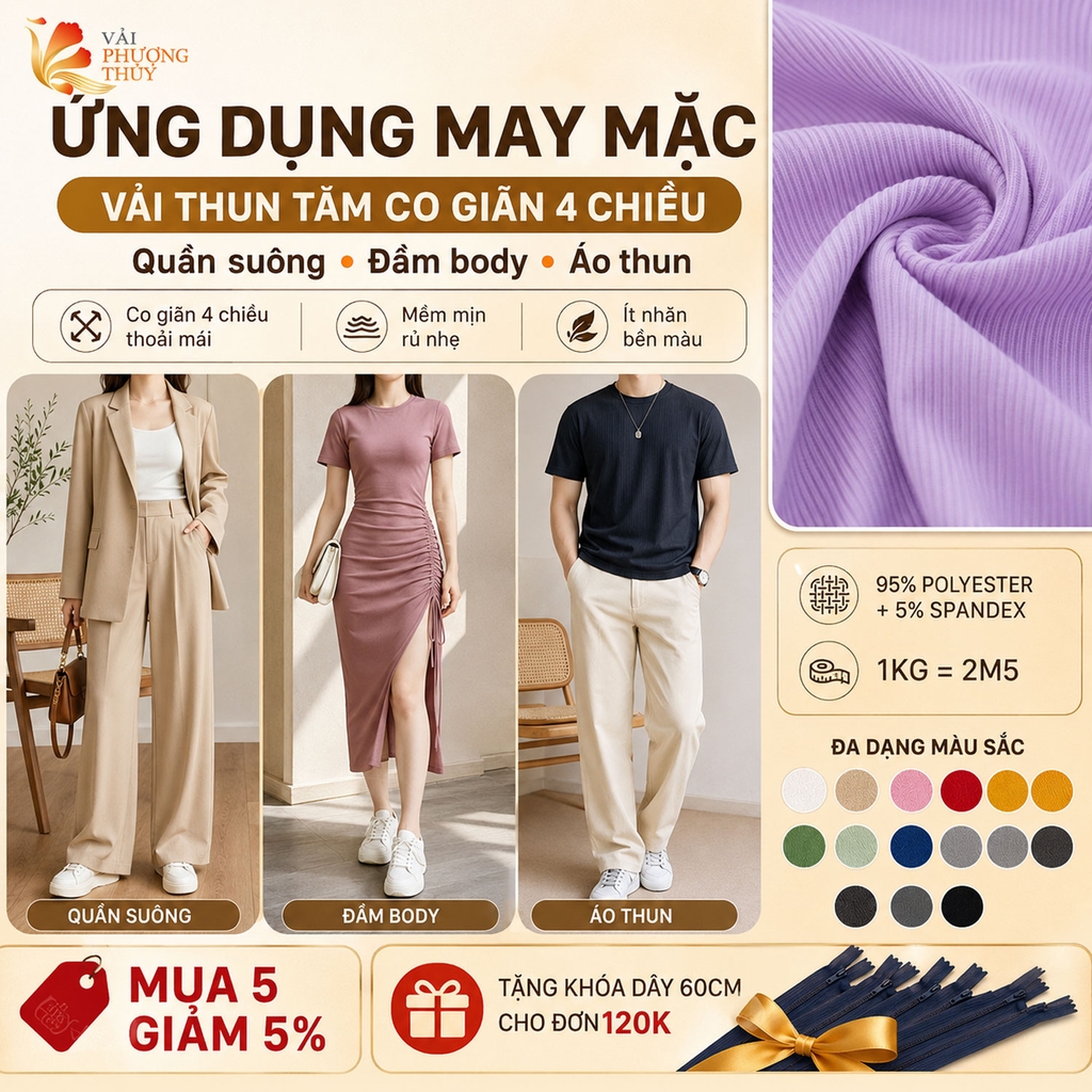 Vải thun tăm Phượng Thuý khổ vải 1m62