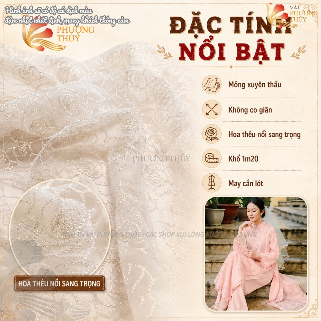 Vải thô ren thêu hoa hồng ánh kim Phượng Thúy khổ 1m20