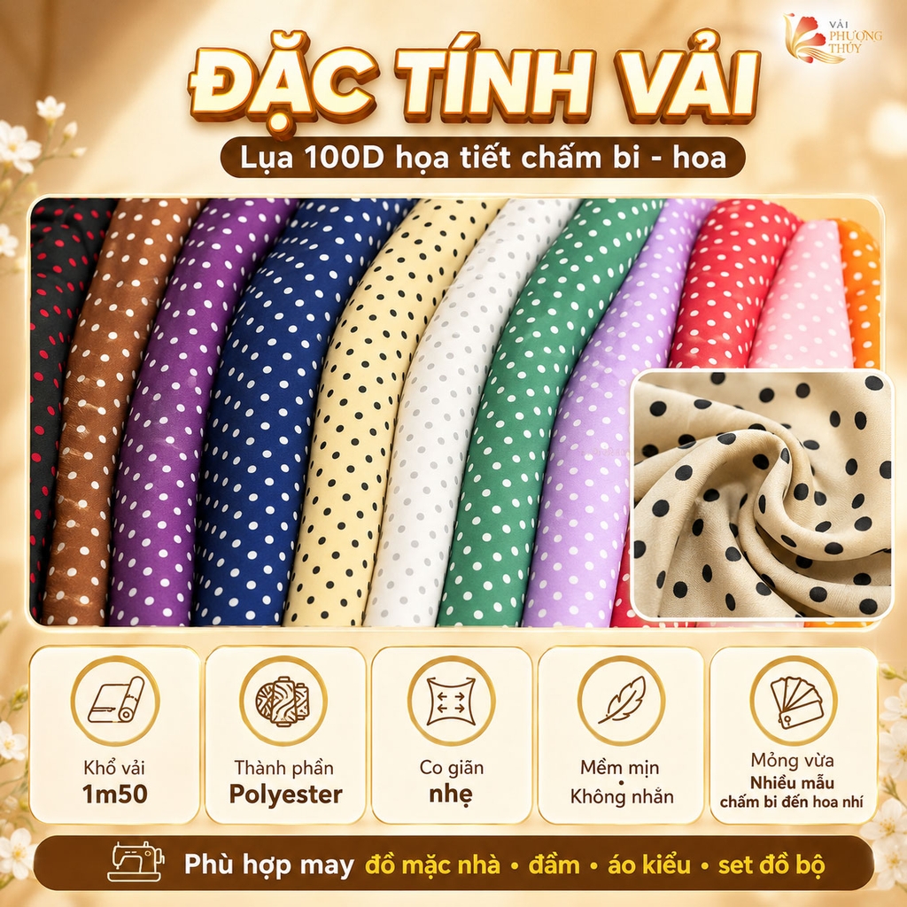 Vải Lụa nhật 100D hoa nhí Phượng Thúy khổ 1m50 | Vải may đồ bộ