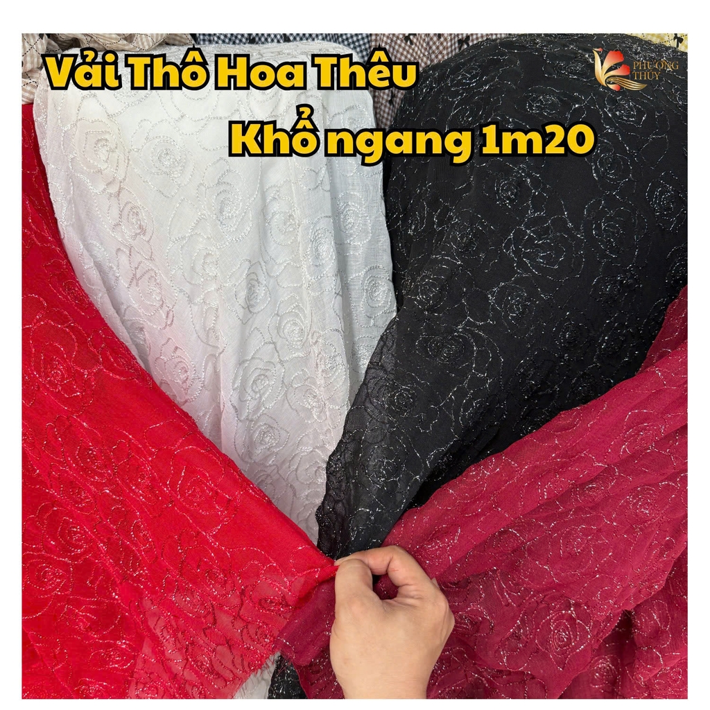 Vải thô ren thêu hoa hồng ánh kim Phượng Thúy khổ 1m20