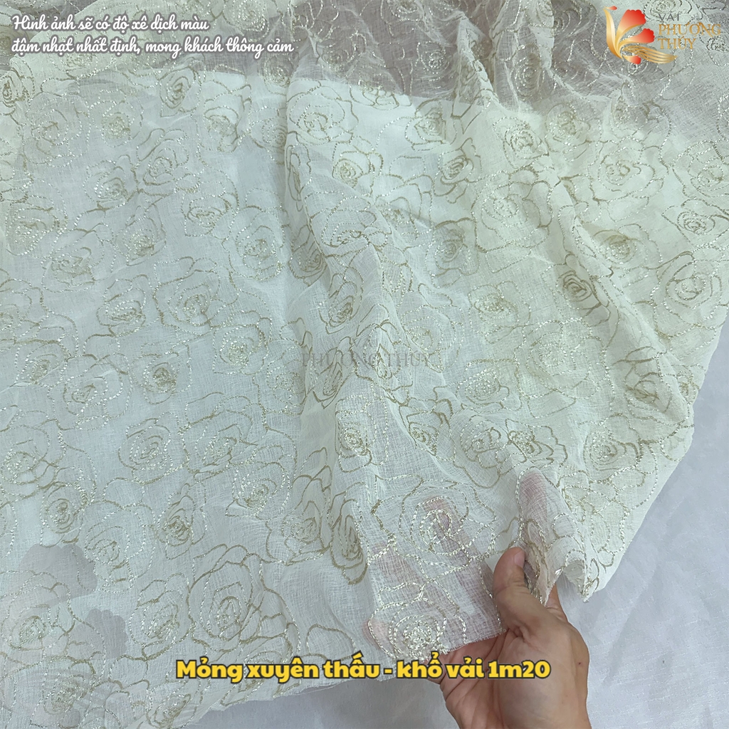 Vải thô ren thêu hoa hồng ánh kim Phượng Thúy khổ 1m20