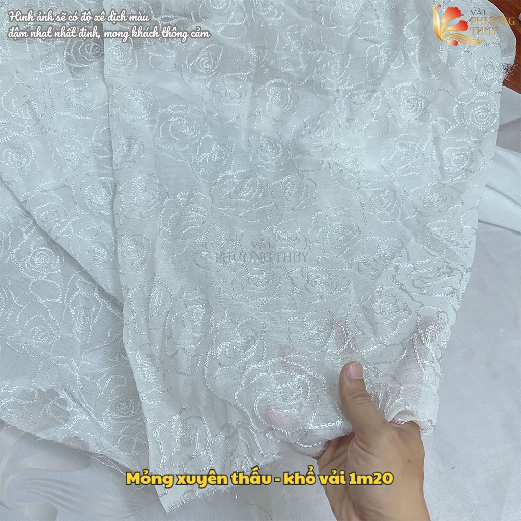 Vải thô ren thêu hoa hồng ánh kim Phượng Thúy khổ 1m20
