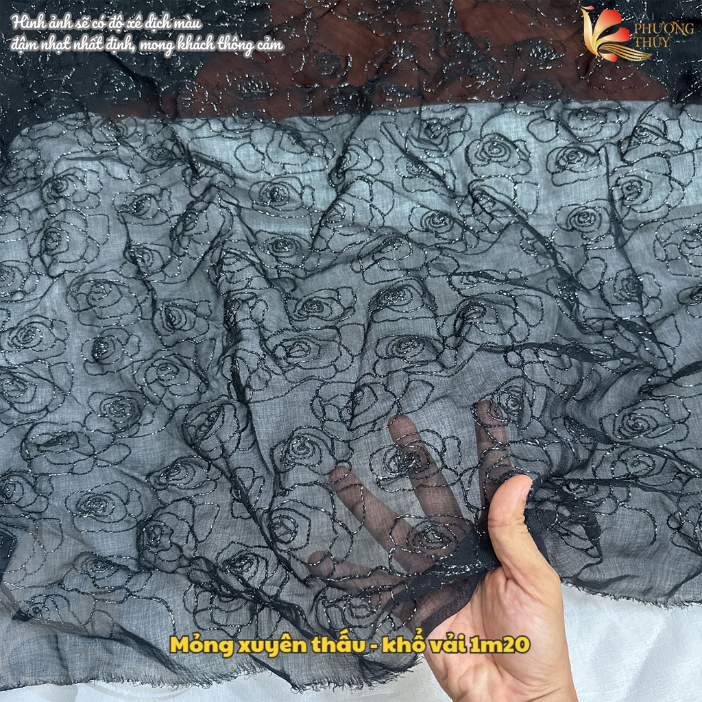 Vải thô ren thêu hoa hồng ánh kim Phượng Thúy khổ 1m20