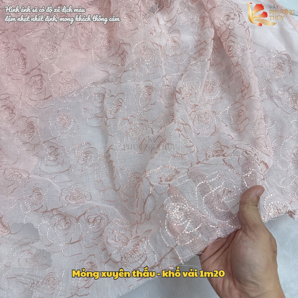 Vải thô ren thêu hoa hồng ánh kim Phượng Thúy khổ 1m20
