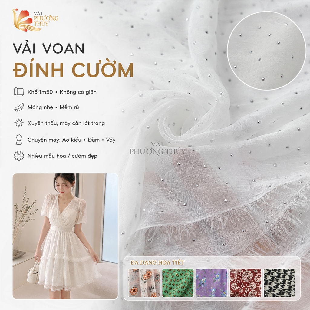 Vải Voan Hoa Nhí Phượng Thúy khổ 1m50 | Vải may áo kiểu, đầm váy