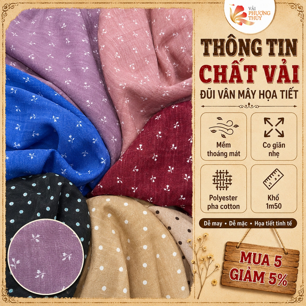 Đũi vân mây họa tiết Phượng Thúy khổ 1m50
