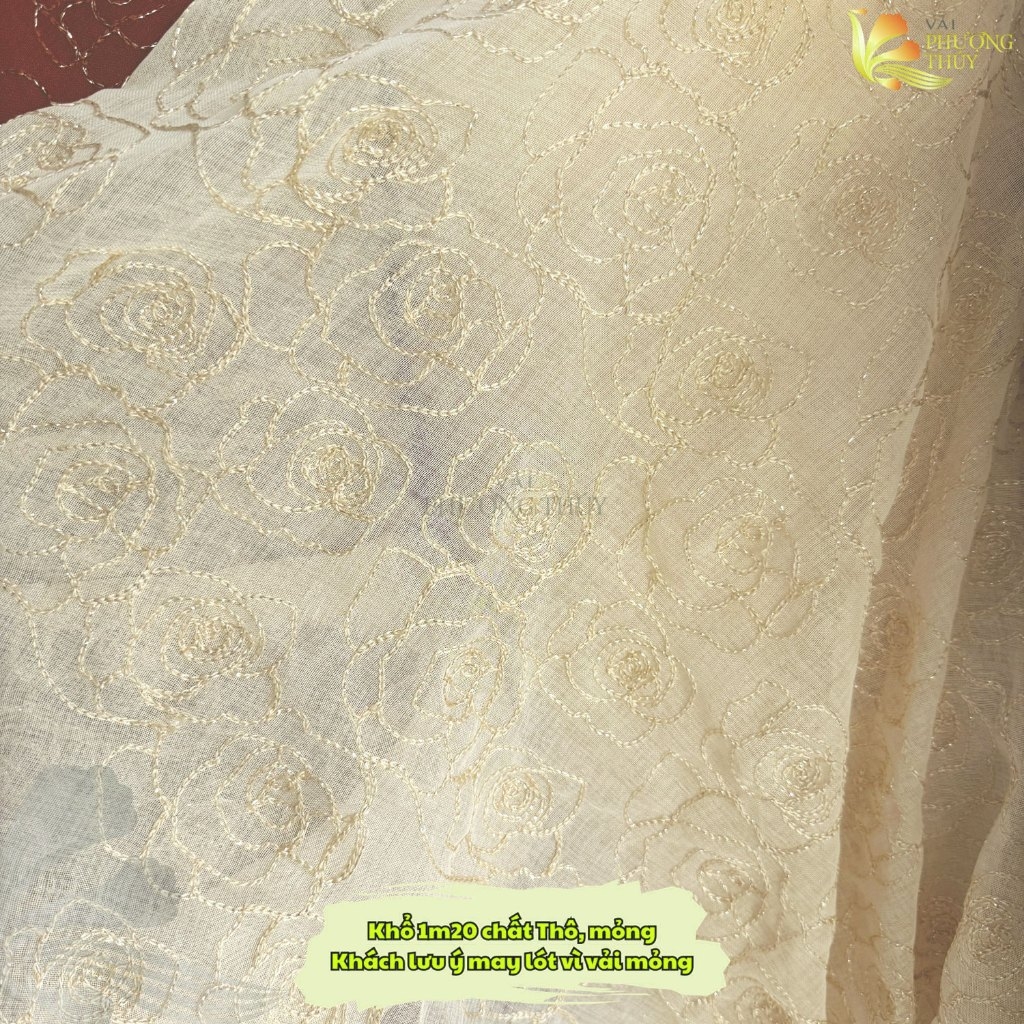 Vải thô ren thêu hoa hồng ánh kim Phượng Thúy khổ 1m20