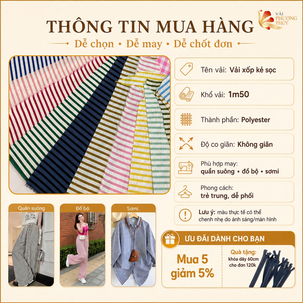 Vải xốp kẻ sọc Phượng Thúy khổ 1m50