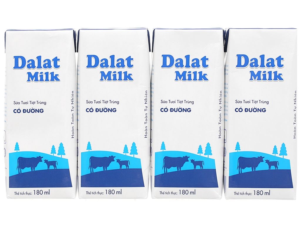 Lốc 4 hộp sữa tươi tiệt trùng có đường Dalat Milk 110ml