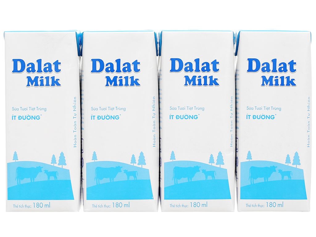 Lốc 4 sữa tươi tiệt trùng Dalat Milk không đường vị tự nhiên hộp 180ml