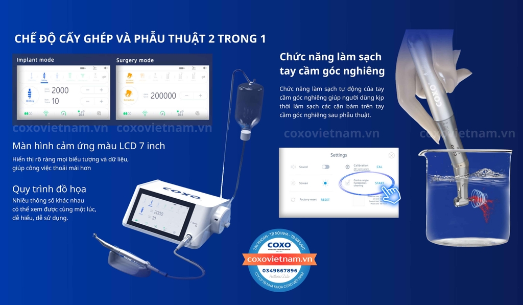 Máy cắm Implant Coxo C-Sailor S1 tích hợp chế độ cấy ghép implant và phẫu thuật nha khoa