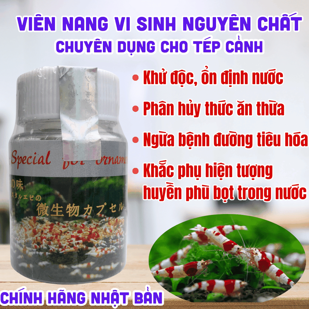 Viên nang vi sinh nguyên chất cho tép - Chính hãng Nhật Bản - Khử độc nước, ngừa bệnh, tạo hệ vi sinh khỏe