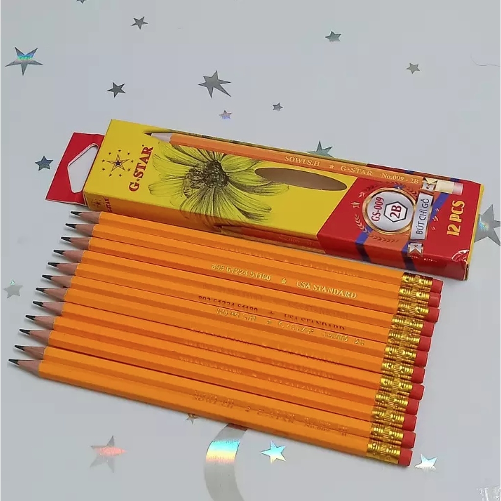 [Lẻ 1 cây] Bút viết chì gỗ Gstar 009 MÀU VÀNG 2B có đầu gôm