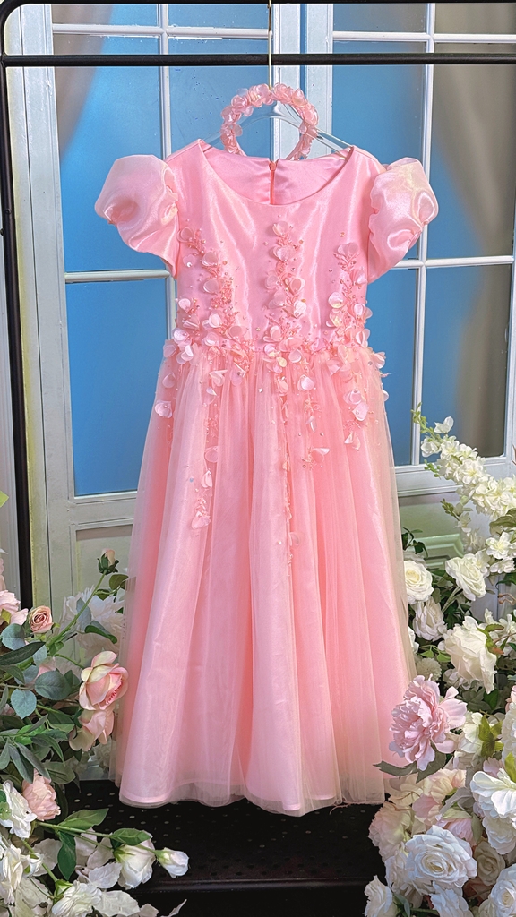 Váy Công Chúa Cao Cấp Màu Hồng Cho Bé Đính Hoạ Tiết Thủ Công