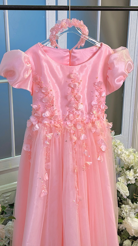 Váy Công Chúa Cao Cấp Màu Hồng Cho Bé Đính Hoạ Tiết Thủ Công