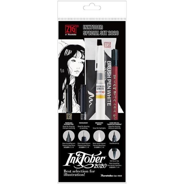 Inktober Set Bút inking vẽ truyện tranh phiên bản giới hạn Kuretake Nhật Bản line nét và mực trắng
