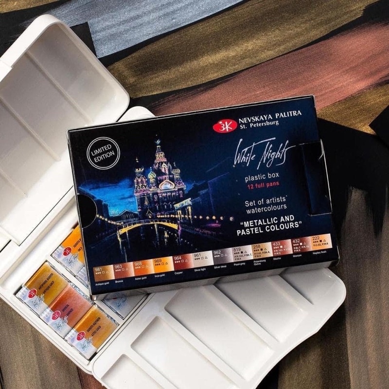 Màu nước nén White Nights JSC Nga 12 limited, 24 màu, 36 màu dạng pan nén hộp nhựa hạng họa sĩ chuyên nghiệp