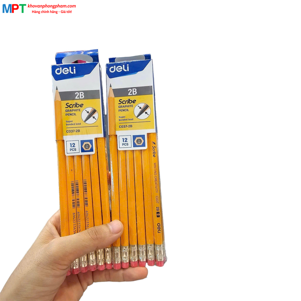 Bút chì Deli C037 2B - Thân lục giác, có đầu tẩy