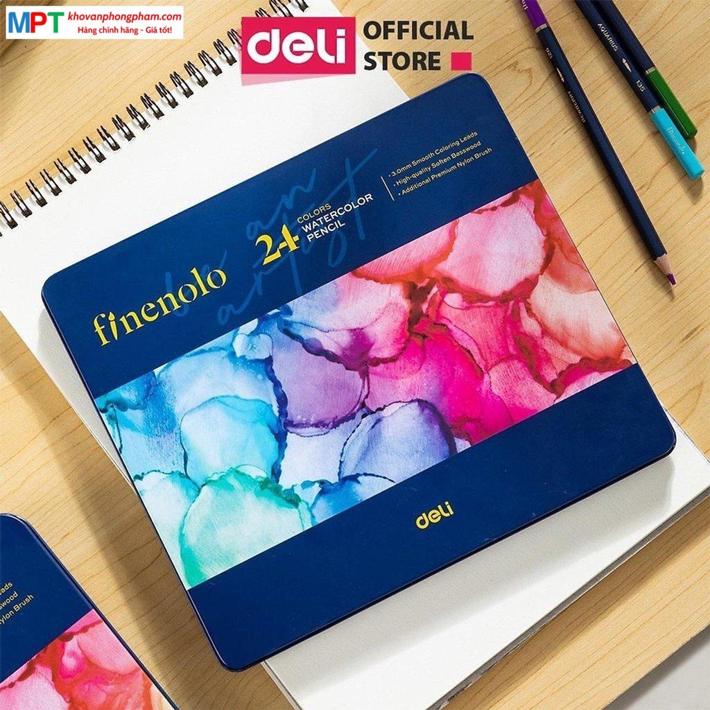 Bút chì màu gốc nước cao cấp 24 màu hộp thiếc kèm cọ tán Finenolo Deli EC129-24 (Tặng kèm giấy nhớ 3 size)